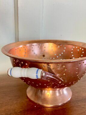 VTG Copper Strainer/Colander Heart Motif & Ceramic Handles Cottagecore Country